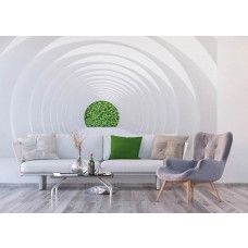 Eine 3D-Fototapete eines Tunnels, der ins Grüne führt, perfekt für die Schaffung einer ruhigen Atmosphäre in einem Wohnzimmer.