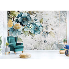 Eine Fototapete mit türkisfarbenen Blumen im Kunststil im Wohnzimmer.