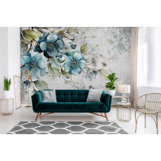 Eine Fototapete mit türkisfarbenen Blumen im Kunststil im Schlafzimmer und im Wohnzimmer.