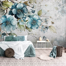 Eine Fototapete mit türkisfarbenen Blumen im Kunststil im Schlafzimmer.