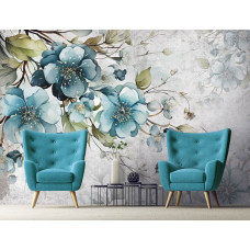 Eine Fototapete mit türkisfarbenen Blumen im Kunststil im Wohnzimmer.