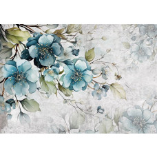Türkisfarbene Blumen sind auf dieser Fototapete abgebildet, mit einem kunstvollen und heiteren Look.