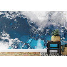 Eine Fototapete mit abstrakter türkfarbener Marmorkunst in einer Küche.