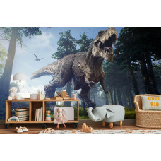 Eine Fototapete mit einem erschreckend schönen Tyrannosaurus Rex, dargestellt in einem Kinderzimmer.