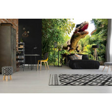 Ein modernes Kinderzimmer mit einer Fototapete Tyrannosaurus Rex im Dschungel mit einem beeindruckenden Dinosaurier inmitten einer lebendigen Dschungellandschaft.