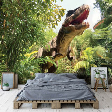 Ein Schlafzimmer mit einer Fototapete Tyrannosaurus Rex im Dschungel mit einem beeindruckenden Dinosaurier inmitten einer lebendigen Dschungellandschaft.