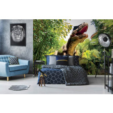 Ein stilvolles Jugendzimmer mit einer Fototapete Tyrannosaurus Rex im Dschungel mit einem beeindruckenden Dinosaurier inmitten einer lebendigen Dschungellandschaft.