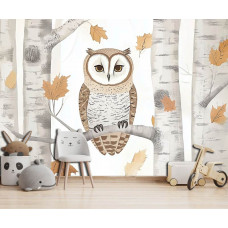 Fotobehang uil tussen berkenbomen in een kinderkamer met natuurlijke details.