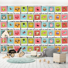 Fototapete mit einer Collage von Eulen und Vögeln, ideal für eine Kinderumgebung.