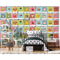 Fototapete mit einer Collage von Eulen und Vögeln im Stil eines Babyzimmers.