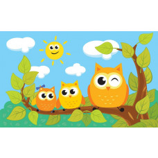 Fototapete mit Eulen und Käuzchen, niedlich und bunt.
