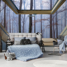 Eine Fototapete mit einer Waldlandschaft, die durch ein Fenster gesehen wird, perfekt für das Schlafzimmer.