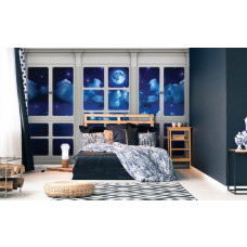 Fototapete mit Blick auf Vollmond und Meer in 3D durch ein Fenster, geeignet für das Schlafzimmer.
