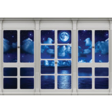 Blick durch ein Fenster auf Vollmond und Meer, mit 3D-Perspektive auf Fototapete.