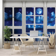Fototapete mit Blick durch ein Fenster bei Nacht auf Mond und Meer in 3D-Perspektive, ideal für das Büro.