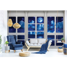 Fototapete mit Nachtperspektive auf Meer und Mond durch ein Fenster, geeignet für das Wohnzimmer.