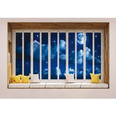 Fototapete mit Blick auf Vollmond und Meer durch das Fenster mit 3D-Perspektive.