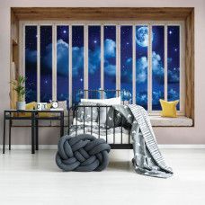 Fototapete Blick durch das Fenster bei Nacht mit Vollmond und Meer in 3D-Perspektive.