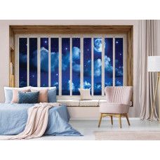 Fototapete Blick durch das Fenster bei Nacht mit Vollmond und Meer im Büro.