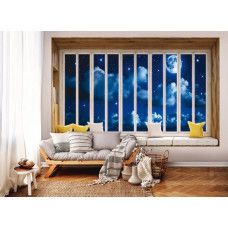 Fototapete Blick durch das Fenster bei Nacht mit Vollmond und Meer im Wohnzimmer.