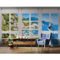 Fototapete mit Stadt- und Meerblick durch ein Fenster, geeignet für Wohnzimmer.