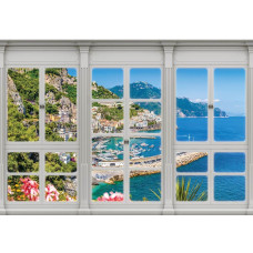 Blick auf eine Stadt mit Meer und Bergen, festgehalten auf einer Fototapete in 3D-Perspektive.