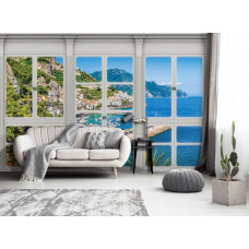 Fototapete mit Stadt- und Meerblick in 3D durch ein Fenster, geeignet für Wohnzimmer.