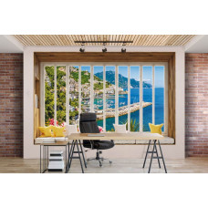 Fototapete Blick durch Fenster auf Stadt in 3D-Perspektive mit Meer und Landschaft im Büro.