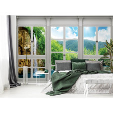 Fototapete mit Blick auf eine Landschaft mit Wasserfall durch ein Fenster in 3D, perfekt für das Schlafzimmer.