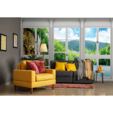 Fototapete mit Natur Blick auf einen Wasserfall durch ein Fenster, geeignet für das Wohnzimmer.