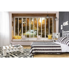 Fototapete Blick durch Fenster auf Wasserfall in 3D-Perspektive mit Wald und Bäumen im Kinderzimmer.