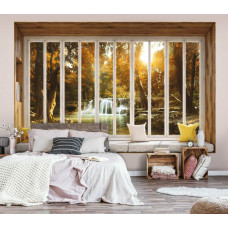 Fototapete Wasserfall durch Fenster in 3D mit Wald und Bäumen im Schlafzimmer.