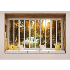 Wasserfall in einem Wald mit Bäumen sichtbar durch ein Fenster mit 3D-Perspektive auf Fototapete.