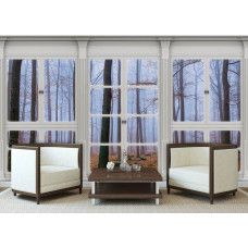 Fototapete mit Blick durch das Fenster auf einen Herbstwald mit Bäumen im Wohnraum.