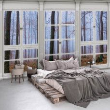 Fototapete mit Herbstwald durch ein Fenster in 3D-Perspektive.