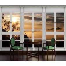 Fototapete mit nebligem Wald Blick durch ein Fenster in 3D-Perspektive, ideal für das Esszimmer.