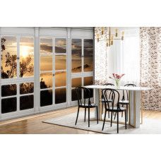 Fototapete mit Natur Blick auf einen nebligen Wald durch ein Fenster, geeignet für die Küche.