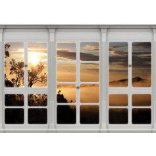 Nebliger Wald sichtbar durch ein Fenster auf einer 3D-Fototapete, mit herbstlichen Bäumen.