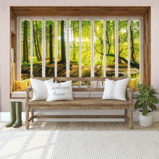 Fototapete Blick durch das Fenster des sonnigen Waldes mit Sonnenstrahlen in 3D im Wohnzimmer.