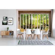 Fototapete mit Sonnenstrahlen im Wald in 3D durch das Fenster im Wohnzimmer.