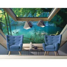 Eine 3D-Fototapete mit Dschungelblick und Seeblick, geeignet für das Wohnzimmer.