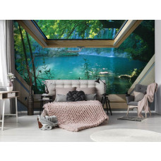 Eine Fototapete mit Dschungelblick und Wasserfall für das Schlafzimmer.