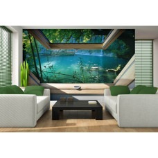 Eine Fototapete mit Dschungelblick und Seeblick und Wasserfall durch ein Dachfenster, ideal für das Wohnzimmer.
