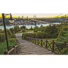 Fototapete mit Blick auf eine Stadt und Brücke in einer natürlichen Landschaft.