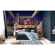 Eine Fototapete, die die New Yorker Skyline durch ein Oberlicht mit 3D-Effekten zeigt, ideal für das Schlafzimmer.
