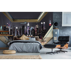Eine Fototapete mit 3D-Effekten von New York City durch ein Oberlicht, geeignet für das Schlafzimmer.