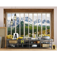 Fototapete Bergblick aus dem Fenster mit 3D-Effekt und Berglandschaft im Büro.