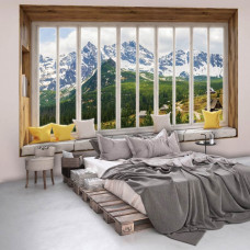 Fototapete Bergblick aus dem Fenster mit 3D-Effekt und Berglandschaft im Schlafzimmer.