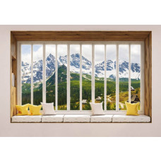 Bergblick durch das Fenster mit 3D-Effekt auf eine Berglandschaft Fototapete.