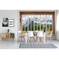 Fototapete Bergblick aus dem Fenster mit 3D-Effekt und Berglandschaft im Wohnzimmer.